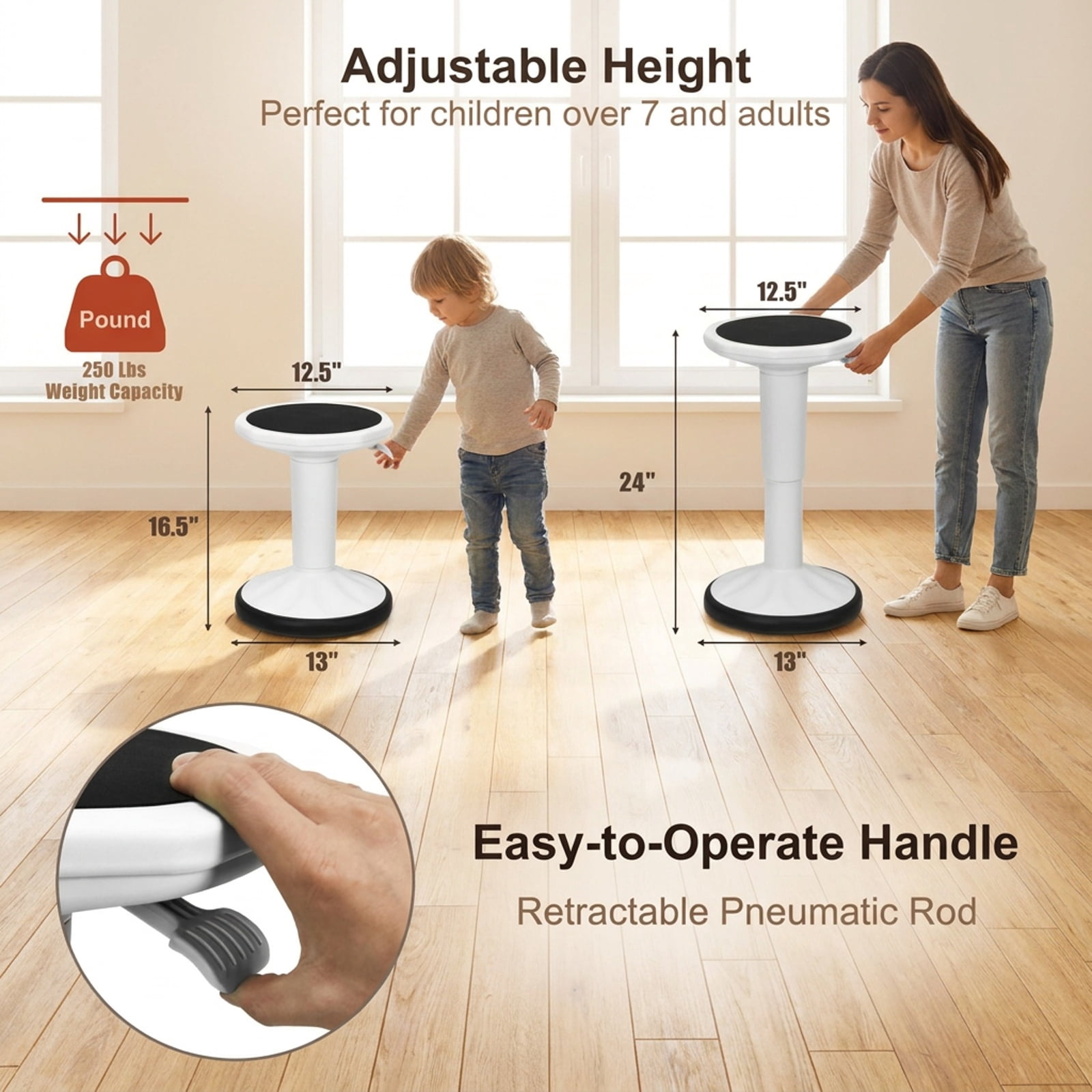 Furnibear Adjustable Active Learning Stool Sitting Home Office Wobble Chair with Cushion Seat for Home Office Study Desk Computer Task, White
