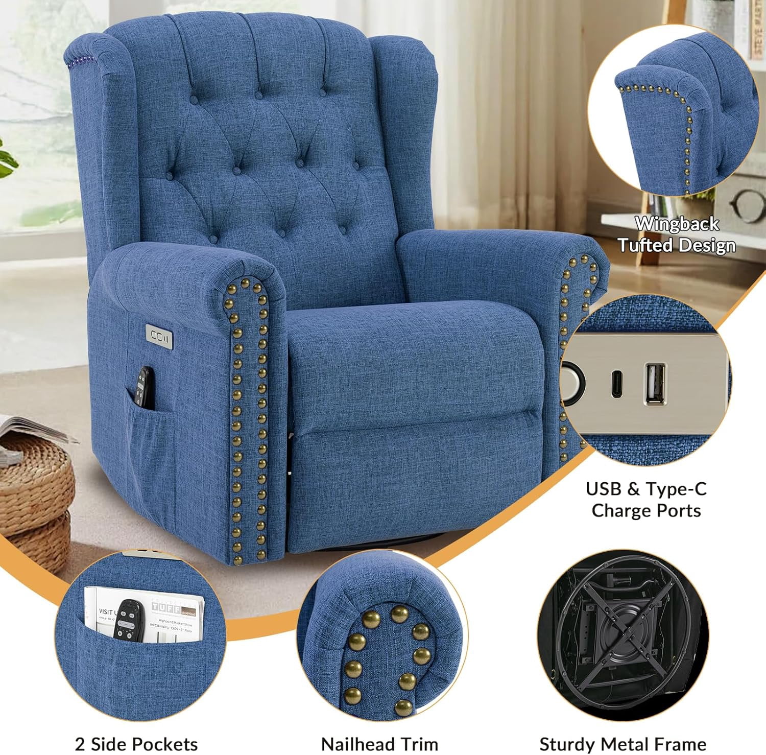 Power Swivel Rocking Glider Recliner Chair, Electric Nursery Reclining Sofa Chair with Heat and Massage, Wingback Tufted Upholstered Recliner for Living Room, USB and Type-C Ports, Blue