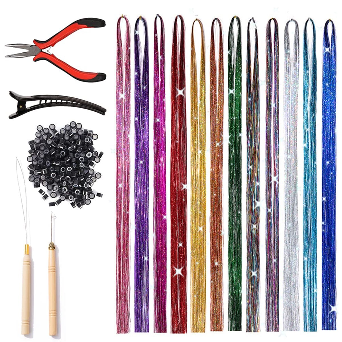 JTWEEN Hair Tinsel,Hair Tinsel Kit with Tools,Tinsel Hair Extensions,12  Colors 2400 Strands Fairy Hair Tinsel Heat Resistant 47 Inch Hair Glitter -  