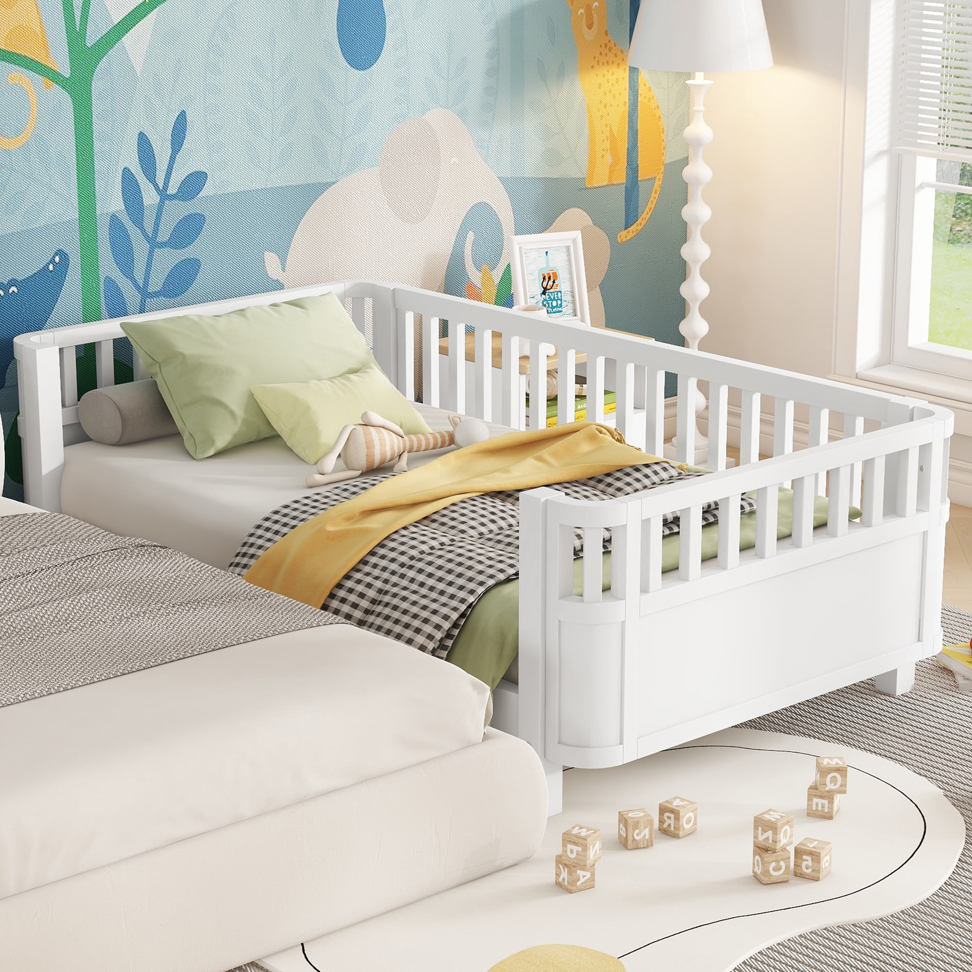 PORKISS Twin Size Bed with Fence for Kids, Solid Wood Twin Platform Bed Frame with Slats and Safety Guardrails for Girls Boys, Removable Guardrail, No Box Spring Needed, White #2