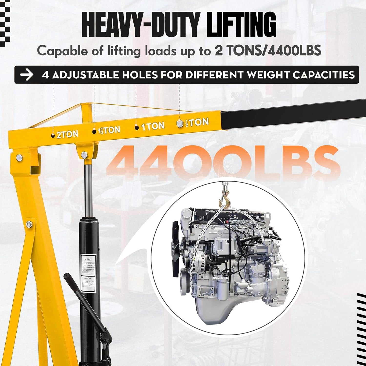 Lumiparty 2T Engine Hoist, Heavy Duty Cherry Picker Shop Crane 4000LB Folding Hydraulic Engine Lift w/ 6 Casters for Garage Workshop Warehouse, Yellow