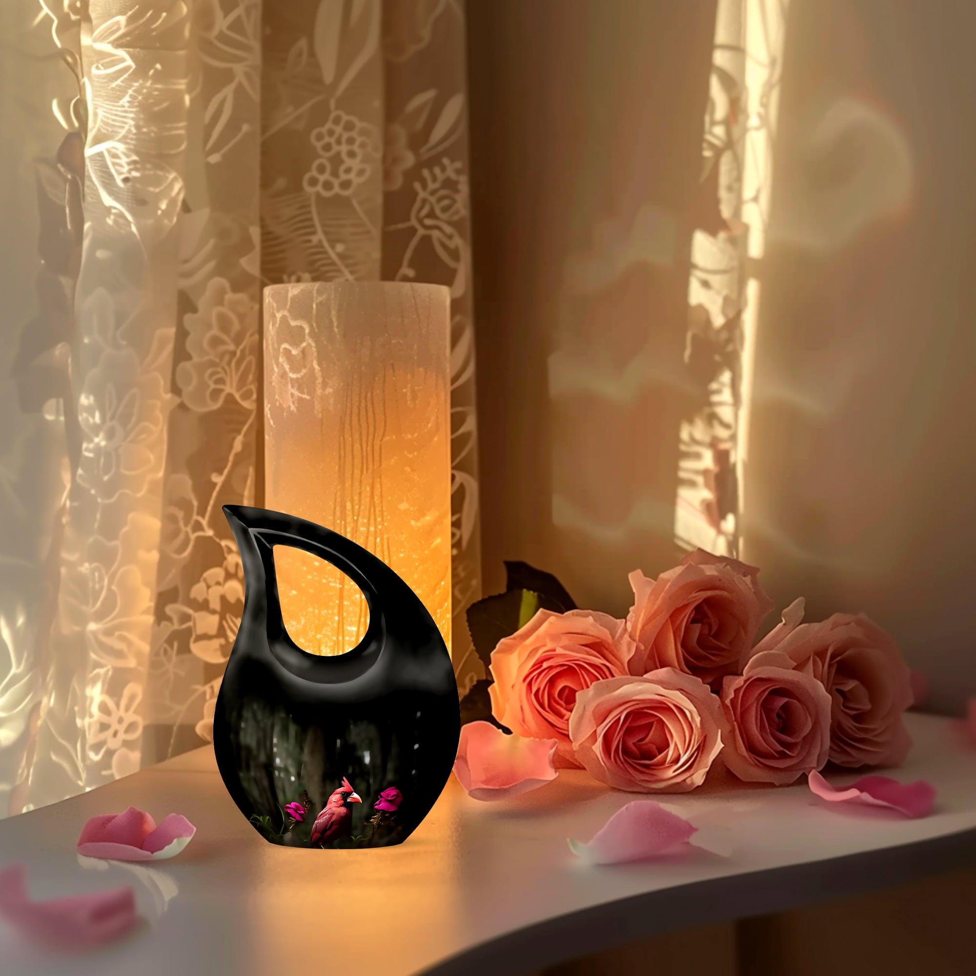 MUKTIVE Adult Urn Red Cardinal Bird Cremation Urn Male & Female - Black Cross Drop Large Funeral Burial Urns for Human Ashes - Handcrafted Memorial Gifts for Loss - Cremains Holder (10 Inch)