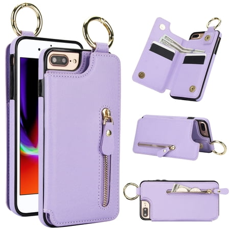 Cutyskin for iPhone 8 Plus / 7 Plus Wallet Case【RFID Blocking】 with Card Holder Cash Pocket Zipper Bills Slot, Soft PU Leather Magnetic Back Folio Kickstand, Finger Ring Holder Hook Case, Purple