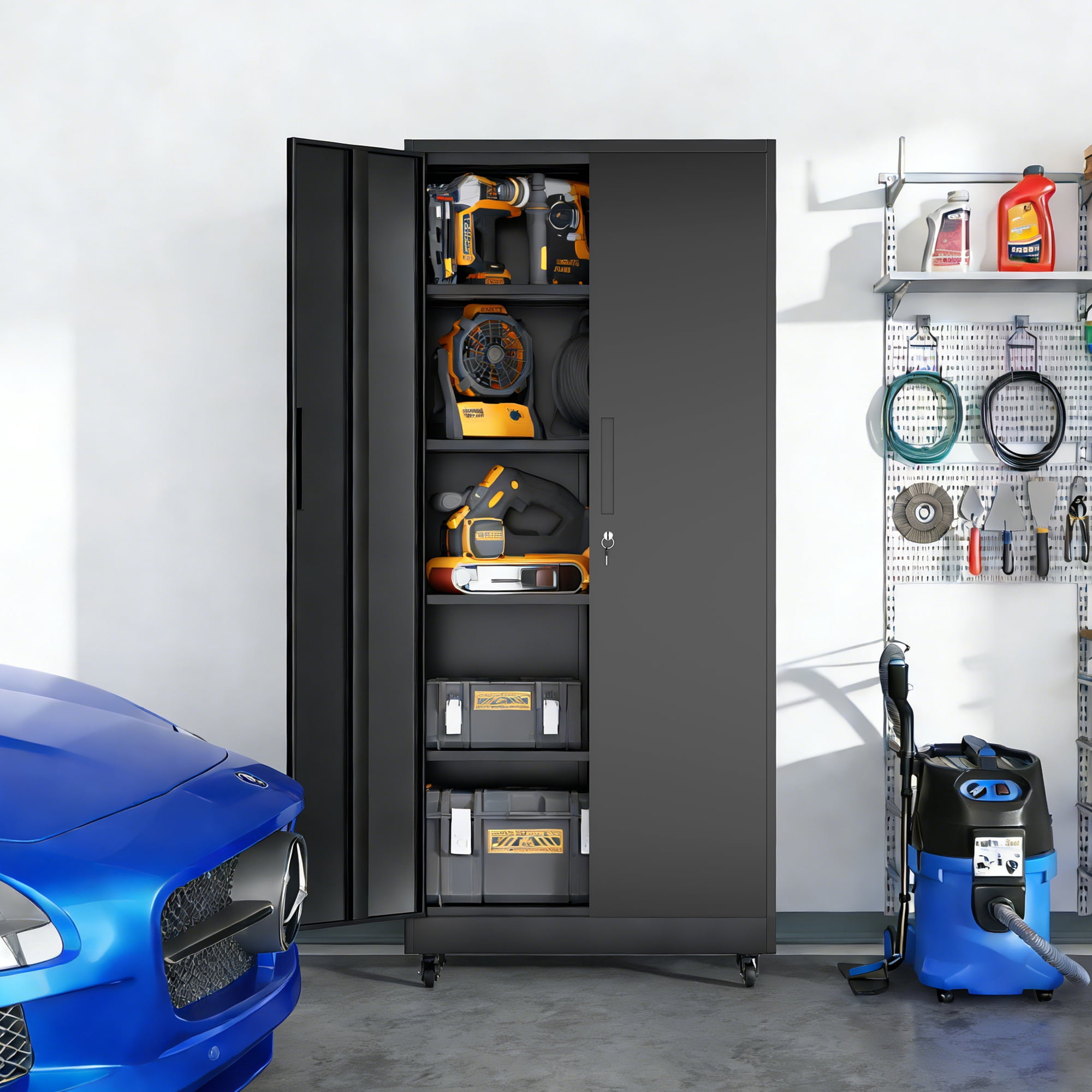 71"H Garage Storage Cabinet with Wheels and Lock, Heavy Duty Rolling Metal Cabinet, 4 Adjustable Shelves (180lb Each), 3-Point Locking Security, for Tool Organization in Garage, Workshop, Office