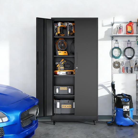 71 Inch Heavy Duty Rolling Metal Storage Cabinet with Wheels & 3-Point Lock 4 Adjustable Shelves Black Powder Coated Garage Cabinet (180 lb Each) for Tool Organization in Garage, Workshop, Office