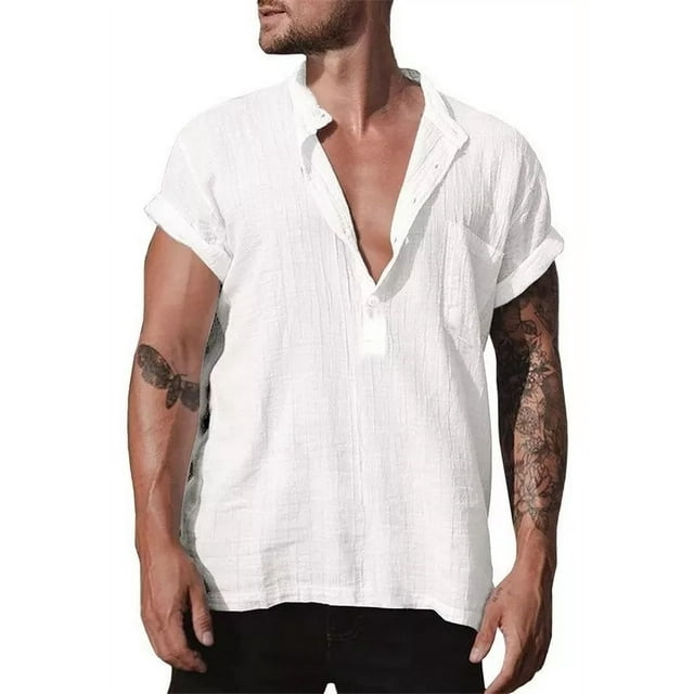Camisa De Playa Casual De Lino De Manga Corta Para Hombre