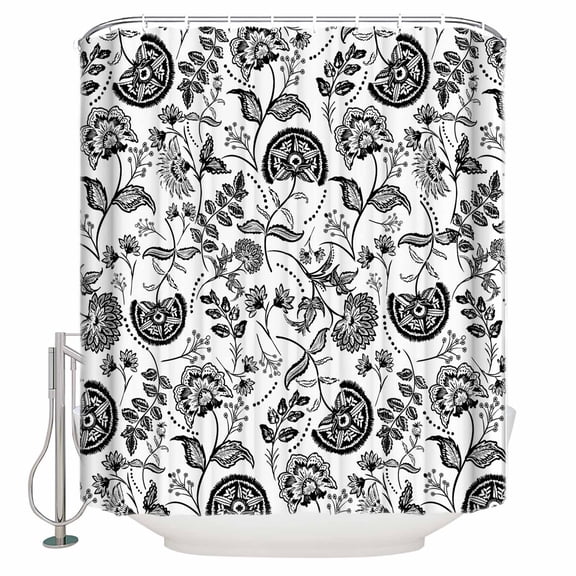 Small Stall Shower Curtain 36x72 Inch Narrow Half Size Boho Black Floral Bath Curtains Bathroom Decor Vintage Farmhouse Paisley Plant Leaf Waterproof Fabric Shower Curtain Set with Hooks 36 Inch
