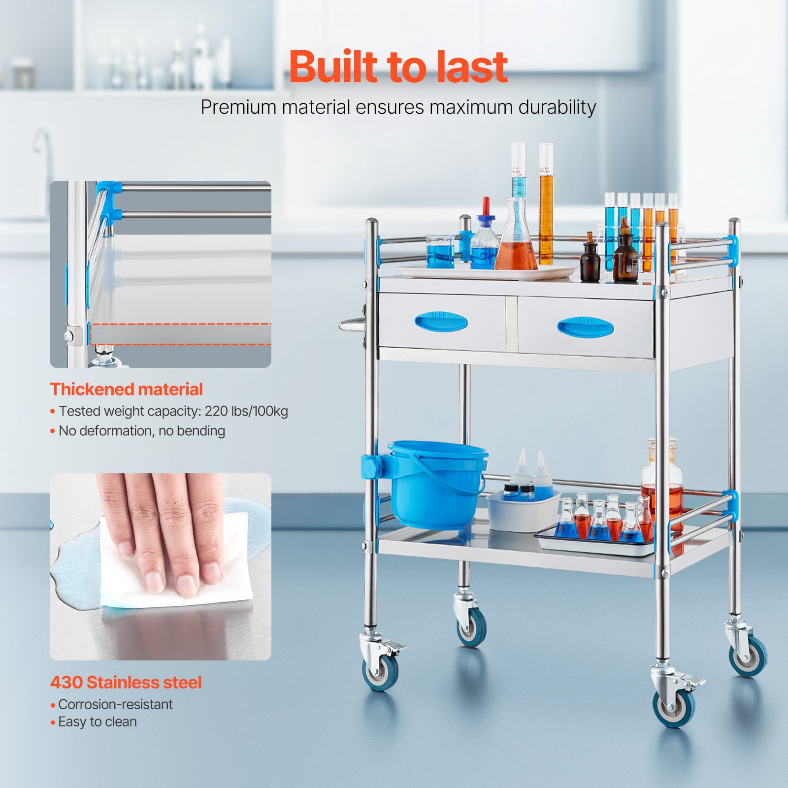 VEVOR Service Cart, 2 Layers Stainless Steel Utility Rolling Cart, Medical Cart with Two Drawers, Dental Utility Cart with Lockable Wheels and A Bucket, Ideal for Laboratory, Hospital, Dental Use