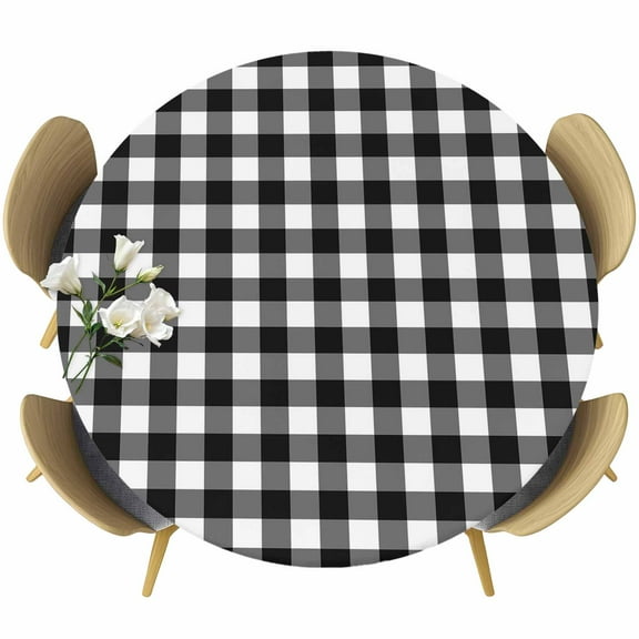 Black White Plaid Round Tablecloth 45-54 Inch Round Fitted Table Cloth with Elastic Edge, Modern Simple Buffalo Check Gingham Waterproof Table Cover Protector for Outdoor Picnic Party Dining
