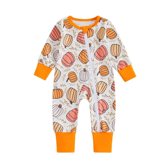 Aojekbee Baby Girls Boys Rompers Halloween Clothes Pumpkin Print Crew Neck Long Sleeve Toddler Fall Bodysuits