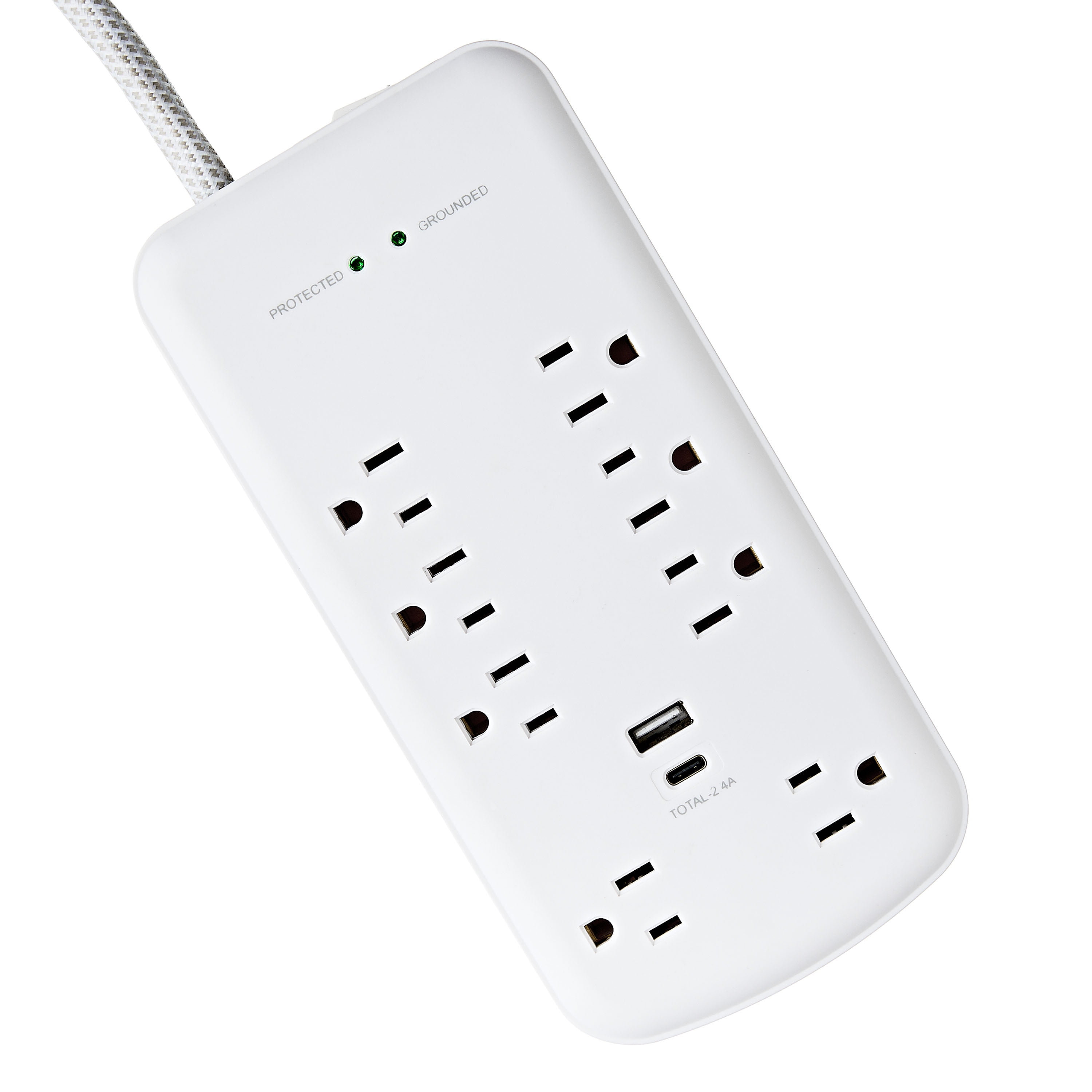 Hyper Tough Surge Protector Power Strip with USB-A, USB-C, 8 Outlets, 10ft Extension Cord, White