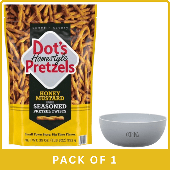 Dot’s Homestyle Pretzels Honey Mustard Seasoned Pretzel Twists (35 oz)- With Olive White Bowl By OMA