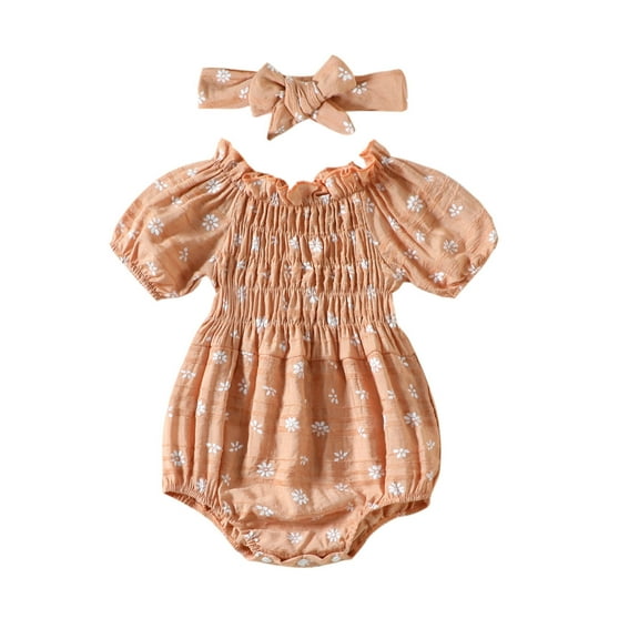 NOKIO Baby Bodysuit With Patterns Baby Fashionable Summer Romper Girls Short Sleeve Floral Prints Romper Bodysuits Dress Headbands Set Baby Short Sleeve Romper For Warm Days