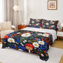 Manfei White Groovy Flower Queen Sheet Sets, Rustic Plant Botanical Flat Sheet, Cartoon Mushroom Queen Fitted Sheet, Microfiber Bedroom Decor, 4 Pieces