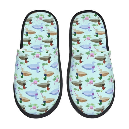 Balery Mallard Duck Of Lotus Flowers Slient Indoor Furry Fleece Comfort House Shoes Soft Non-Slip Home Shoes Cotton slippers House Slippers-- Large