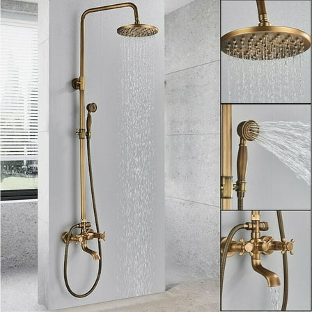 Antique Brass Bathroom Shower Faucet mixer set Rainfall Twin Head kit Tub Spout Exposed