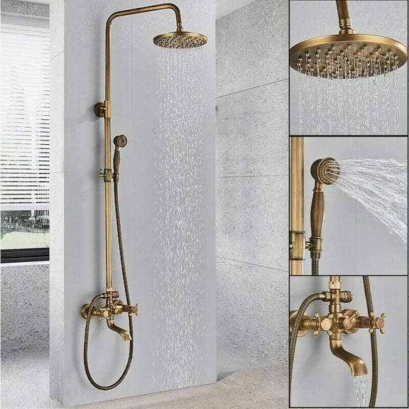 Antique Brass Bathroom Shower Faucet mixer set Rainfall Twin Head kit Tub Spout Exposed