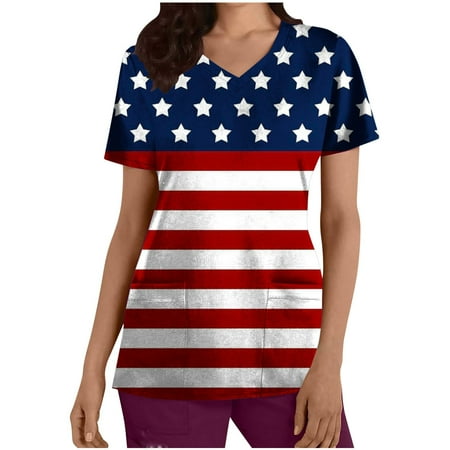 

abcnature Co.Ltd 4Th of July Scrubs Tops for Women American Flag Printed Short Sleeve Workwear T Shirts Holiday Patriotic V-Neck Uniform Blouse with Pockets