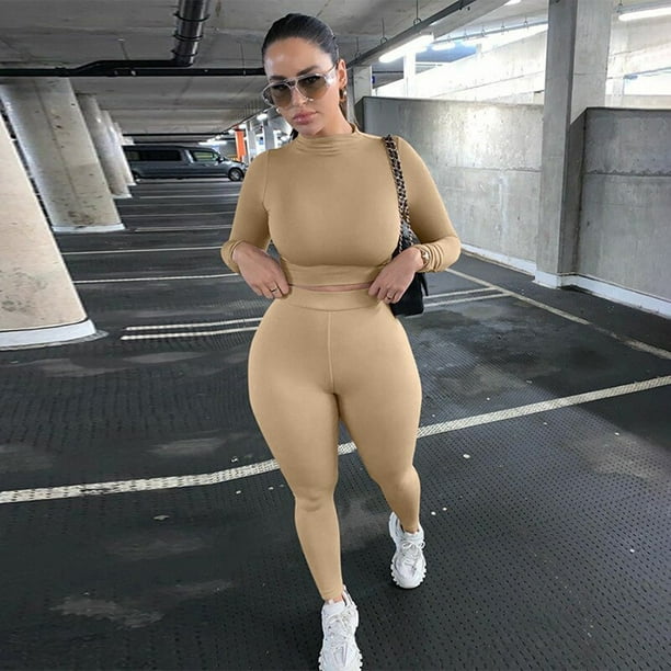 Conjuntos de dos piezas para mujer, chándales sólidos de otoño, ropa deportiva elástica de cintura alta, Tops cortos y mallas, trajes a juego Tan Jianjun unisex
