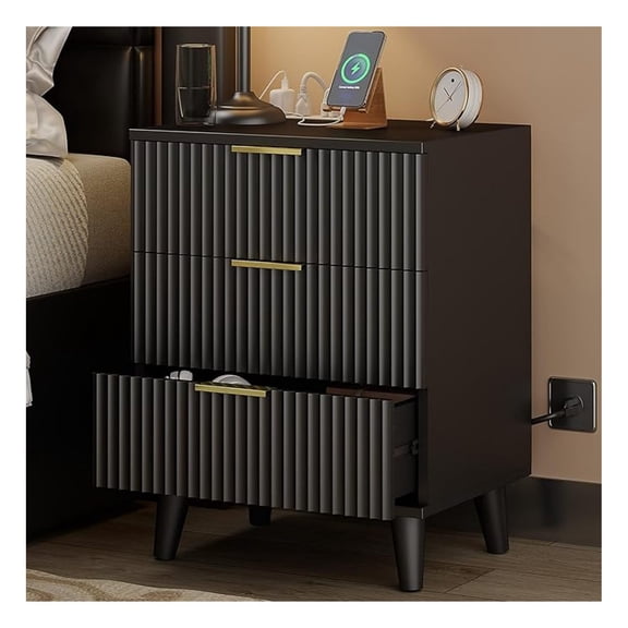 Wood 3 Drawers Dresser Fluted Night Stand with Charging Station, Natural Nightstand 3 Storage Drawers Dresser Modern Side Table, Bedside Table for Bedroom