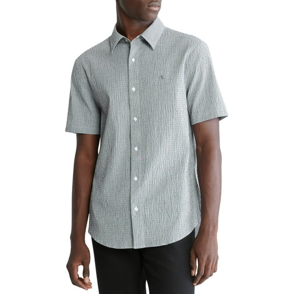 Calvin Klein STEEL GRAY Men's Crinkle Check Short-Sleeve Shirt, US Large