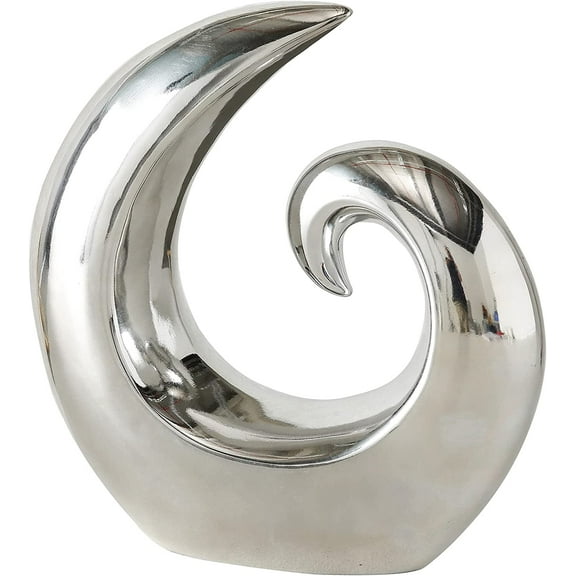 WHW Crosby Street Contemporary Asymmetrical Wave, Modern Art Sculpture , Silver Titanium Glaze, Ceramic, 7 1/8 inches