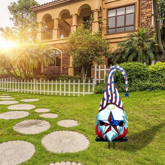 Patriotic Independence Day Metal Stake Gnome Garden Decor – No-Face Gnome Figurine With Sturdy Metal Spike, Perfect for Outdoor Lawn, Flower Bed or Pathway Display During 4th of July Celebrations