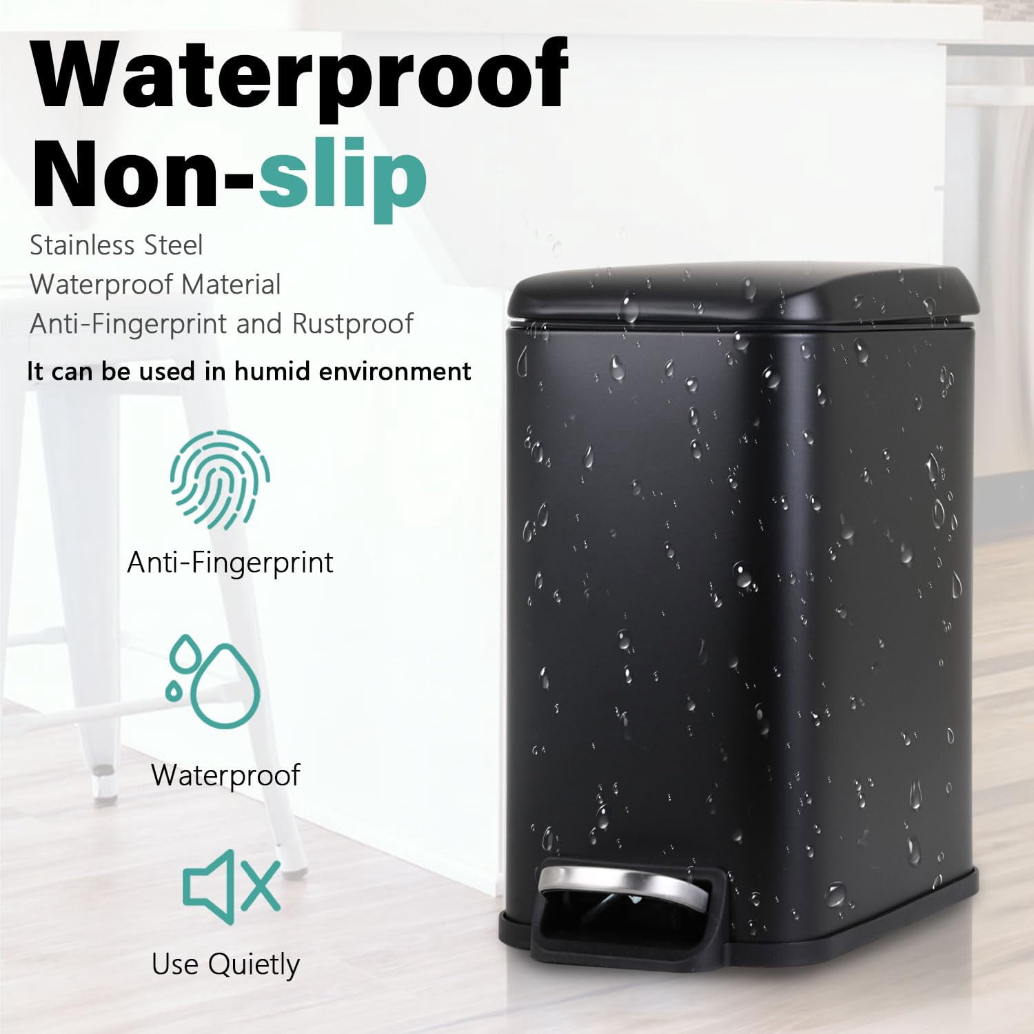 CL.HPAHKL 5L / 1.3 Gallon Slim Step Trash Can, Stainless Steel Bathroom Trash Bin with Lid & Removable Inner Bucket, Pedal Garbage Can for Bathroom,Bedroom,Home Office (2, Black)