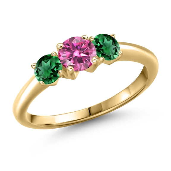 Gem Stone King 10K Yellow Gold Pink Moissanite and Green Nano Emerald Engagement Ring for Women | 1.10 Cttw | Round 5MM | Gemstone Birthstone | Size 8