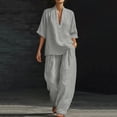 thumbnail image 2 of Miluxas Women's Summer Lightweight 2 Piece Outfits Loose Fit V Neck Short Sleeve Blouse and High Waist Wide Leg Pants Casual Set Gray, 2 of 7