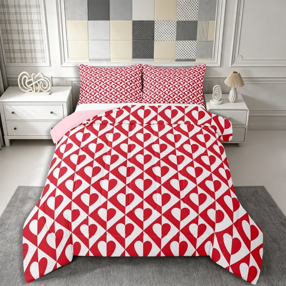 Castle Fairy Retro Heart Check Full Size Comforter Sets 3-Piece,Minimalism Love Motif Bedding Comforter Set,Red White,Reversible,1 Comforter and 2 Pillowcases