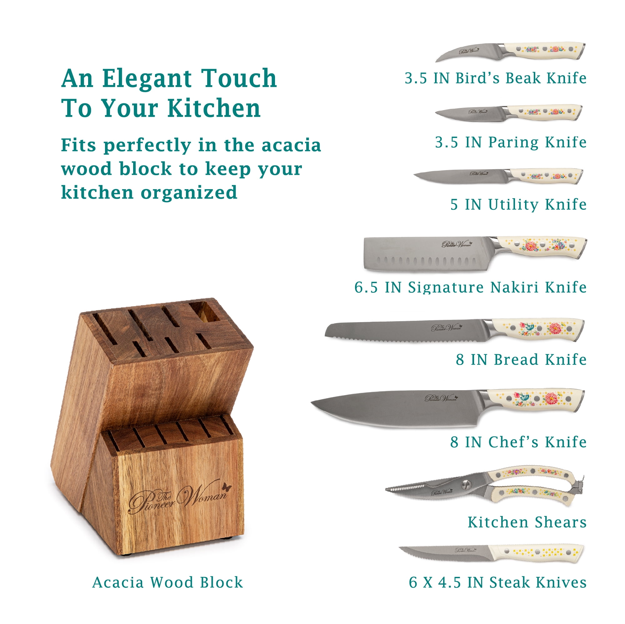 The Pioneer Woman Pioneer Signature 14-Piece Stainless Steel Knife Block Set, Teal