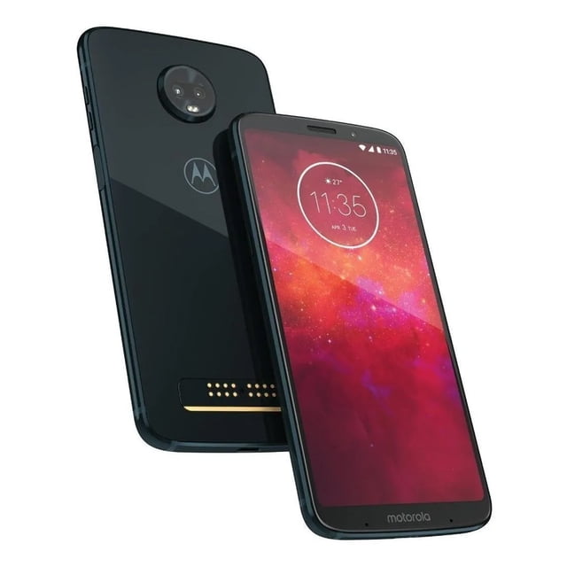 moto z3 play 64gb indigo oscuro 4 gb ram, sin mod vista frontal y posterior; pantalla Super AMOLED de 6" encendida, carcasa índigo con logo Motorola, módulo circular con cámara trasera 12+5 MP, contactos para mods visibles, botones laterales y sensor de huella para desbloqueo rápido; batería 3000 mAh para uso diario, a menudo usado como segundo teléfono para viajes por su tamaño compacto.