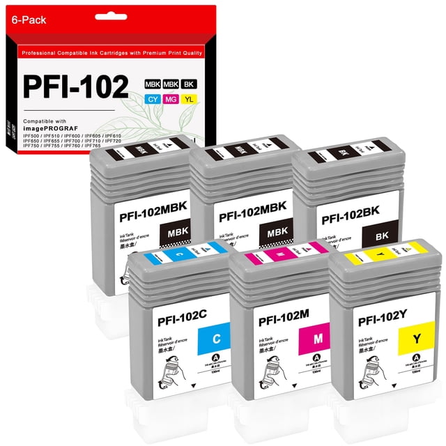 Cartucho de tinta AOTMENDI PFI-102 para Canon imagePROGRAF (paquete de 6)