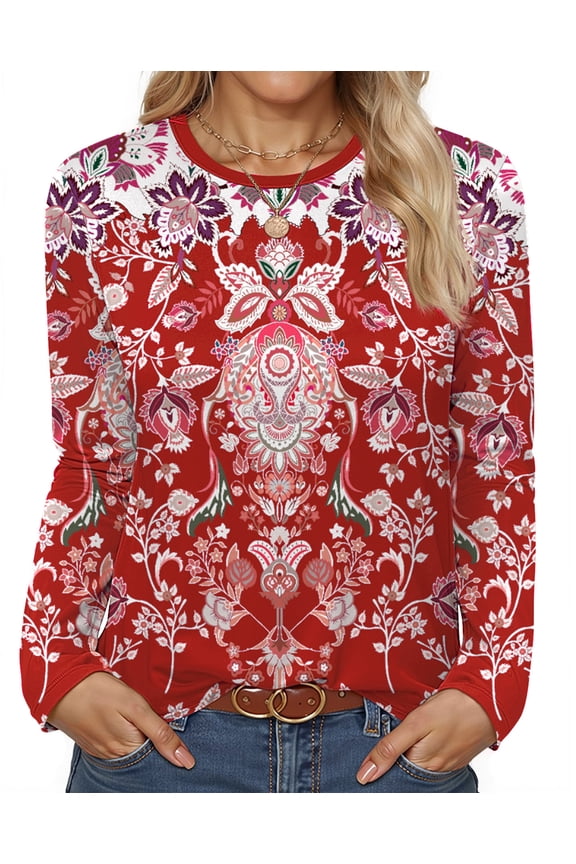 Women Tunic Tops Casual Long Sleeve Shirts Crew Neck Fall Tops Basic Tees Floral Dressy Blouses
