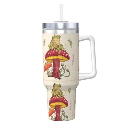 

Susaid Frog Sitting On Mushroom Print Indoor Outdoor Straw Lid 40oz Ice Bully With Handle Stainless Steel Cup for Home Office and Car