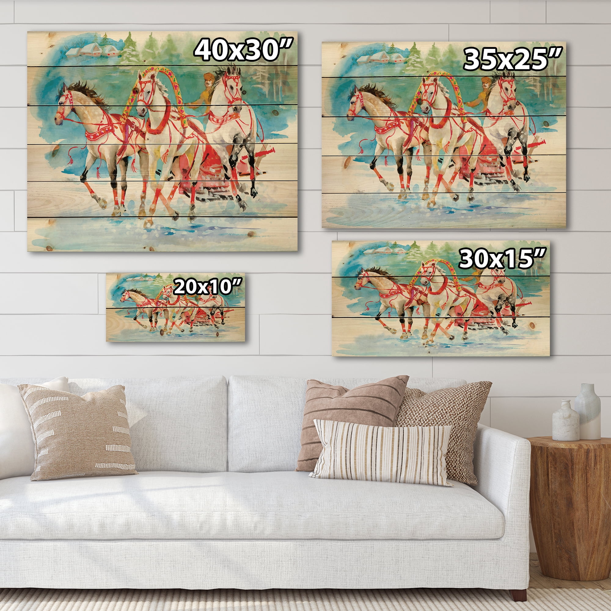 Designart 'Carriage In The Snow With Galoping Horses' Farmhouse Print on Natural Pine Wood