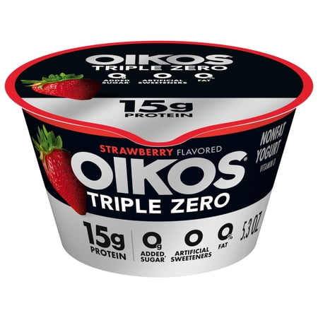 Oikos Triple Zero 15g Protein, 0g Added Sugar, Fat Free Strawberry Greek Yogurt Cup, 5.3 oz