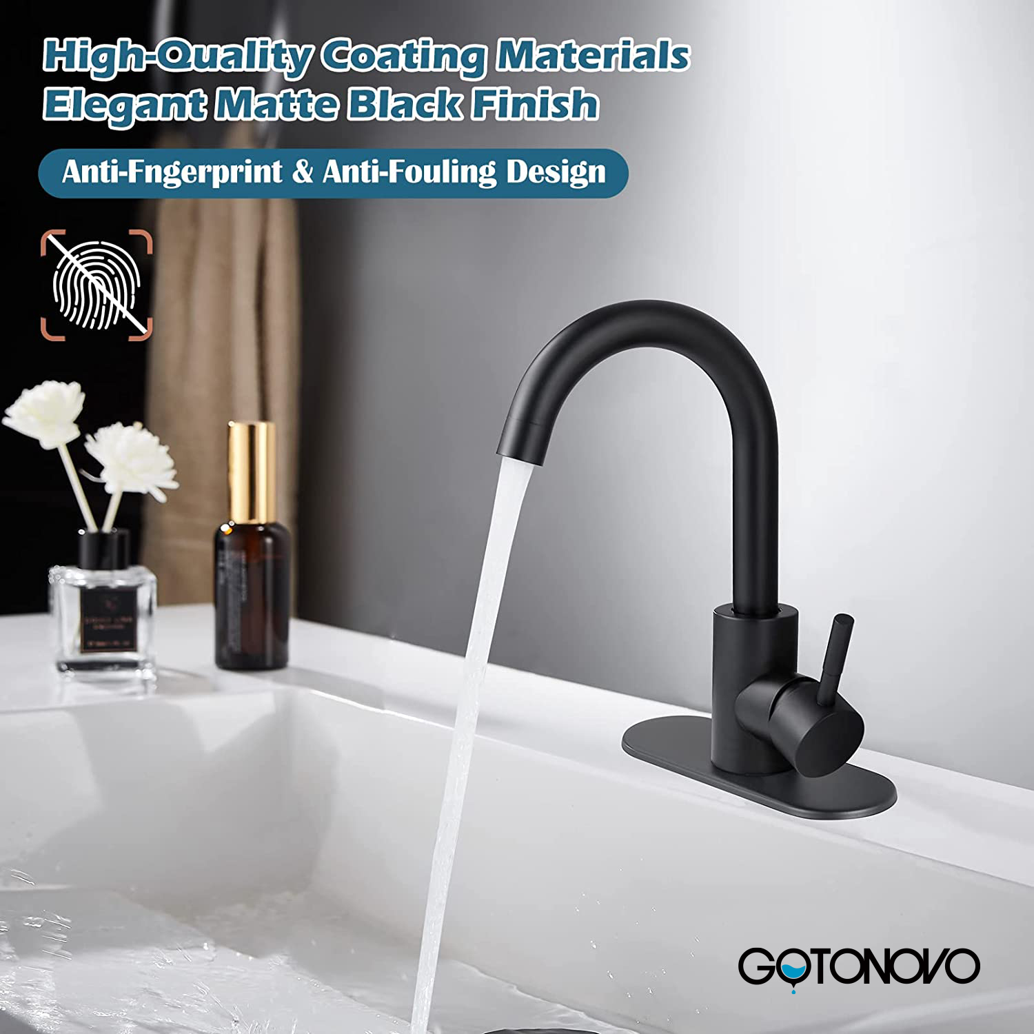 gotonovo Matte Black Single Handle Bathroom Sink Faucet, Wet Bar Pre-Kitchen Farmhouse RV Small Vanity Faucet with 360°Rotation Spout with Deck Plate, Supply Hoses and Drain Stopper