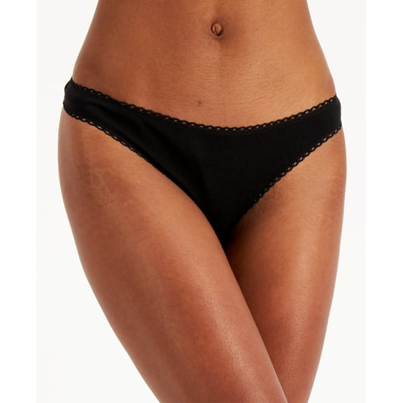 Charter Club Everyday Cotton Women's Lace-Trim Thong, Black, XXL