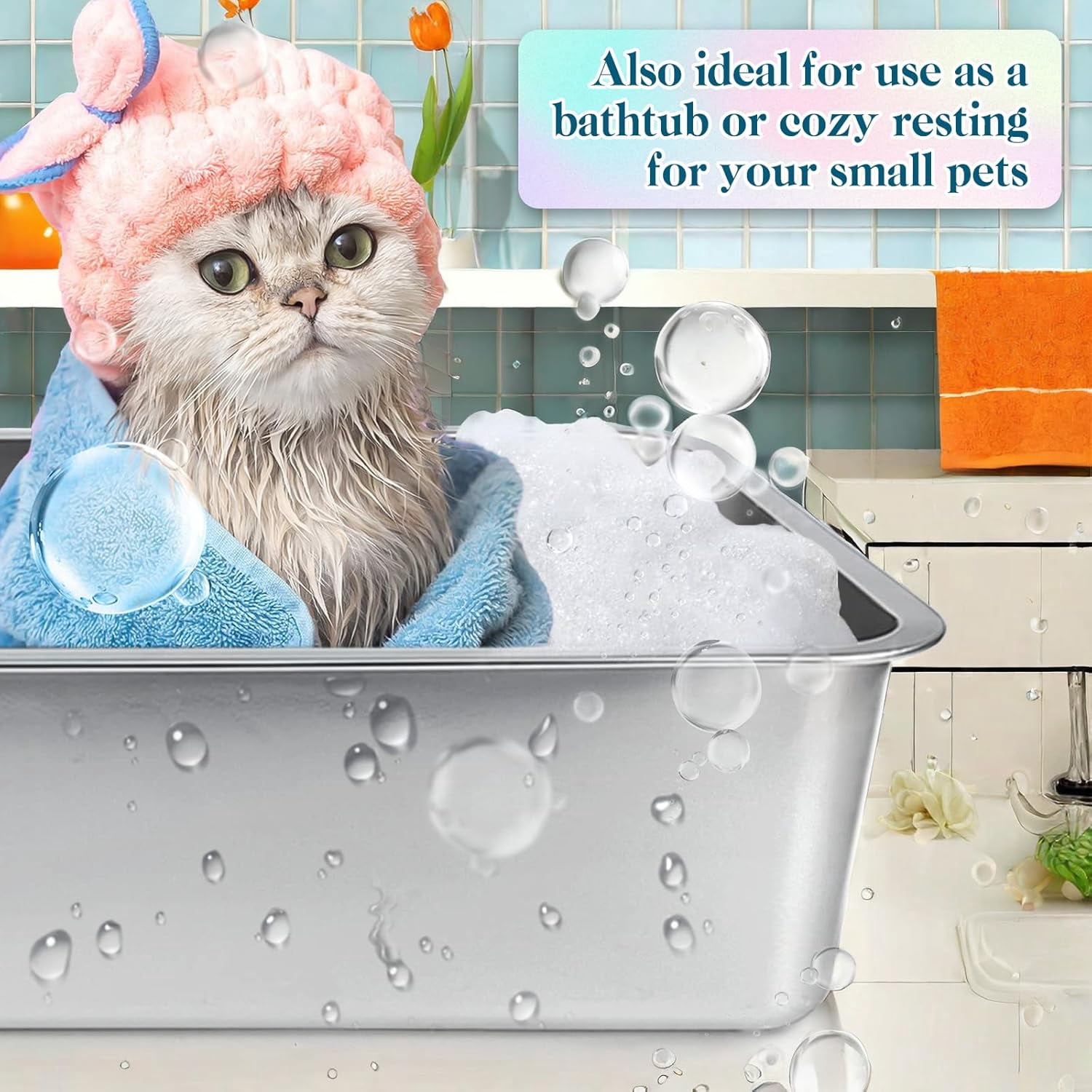 Stainless Steel Cat Litter Box with High Sides, Extra Large Open Metal Litter Pan, Easy to Clean, Rust Proof, Non Stick, Non Slip Rubber Feets (17.8"L x 13.8"W x 4"H)
