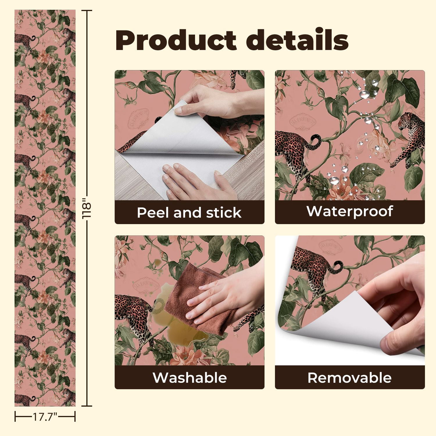 Peel and Stick Wallpaper Leopard Floral Botanical Soft Pink Wall Mural 17.7in x 9.8ft Self Adhesive Removable Wall Paper Renter Friendly Wallpaper for Nursery Bedroom Cabinets