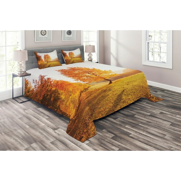 Autumn Coverlet, Mountain Valley Fall Season Nature Romantic Tangerine Colored Tree Image, 3 Piece Decorative Quilted Bedspread Set with 2 Pillow Shams, Queen Size, Mustard Orange Pearl, by Ambesonne