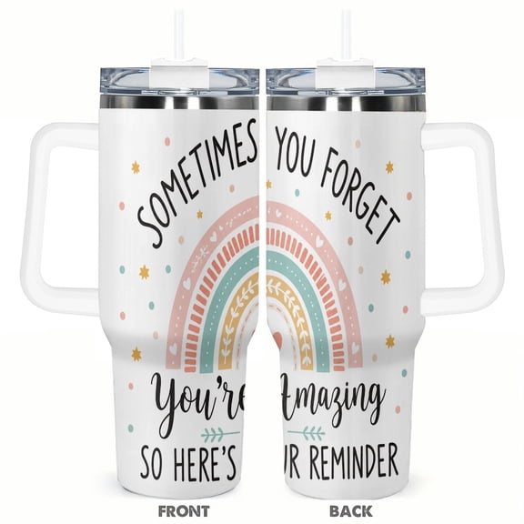 40oz Inspirational Rainbow Car Tumbler with Handle and Straw Gift Travel Coffee Cup Stainless Steel Insulated Cup for Women Office Outdoor