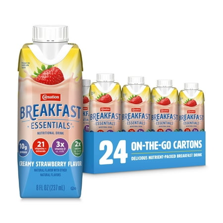 (2 pack) Carnation Breakfast Essentials Nutritional Protein-Packed Drink Shakes, Creamy Strawberry Breakfast Shakes, 8 fl oz, 12 Pack