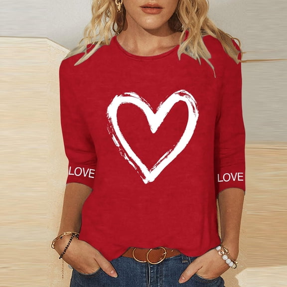 CENGNIAN Funny Love Heart Graphic Long Sleeve Womens Casual T-shirt Valentina's Day Spring Shirts Red,Size 2XL