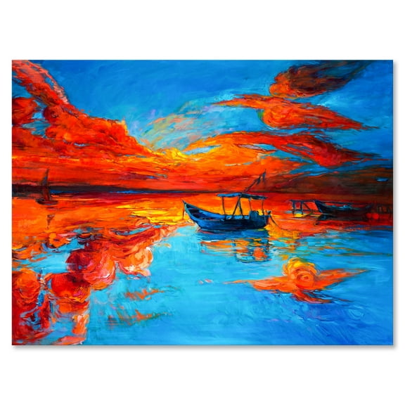 Designart ' Boats During Warm Sunset Resting On The Water VI ' Nautical & Coastal Canvas Wall Art Print