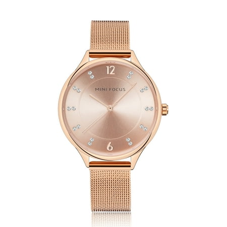 Womens Quartz Watch Rose Golden Face Steel Mesh Belt Crystal Time Scale for Friends Lovers Best Holiday Gift