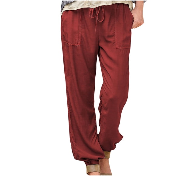Abcnature Fashion Women'ss Casual Solid Color Elastic Loose Pants Straight Bound Feet Trousers Pants Linen Pants for Women