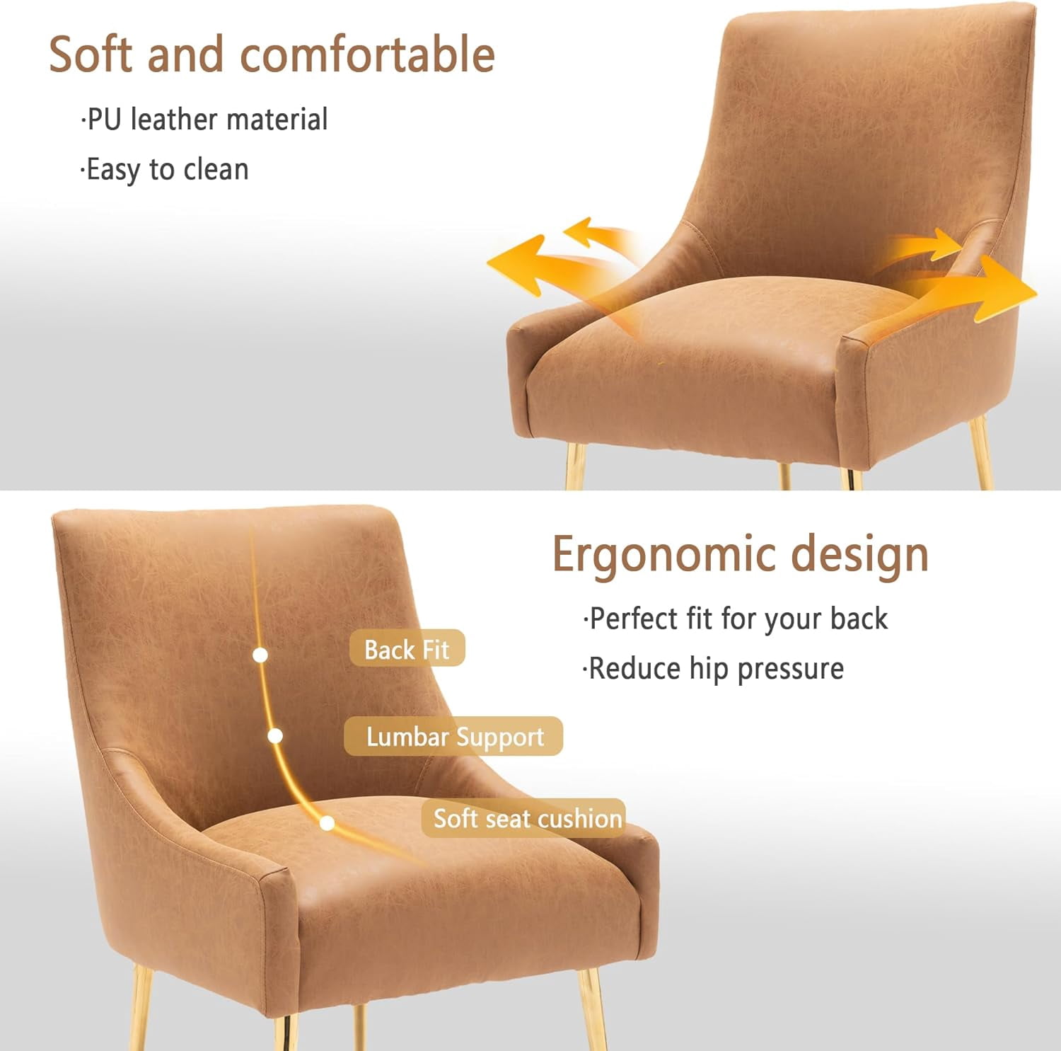 SEYNAR Modern Glam PU Leather Dining Chair or Vanity Chair Set of 2 with Rear Handle(Brown)